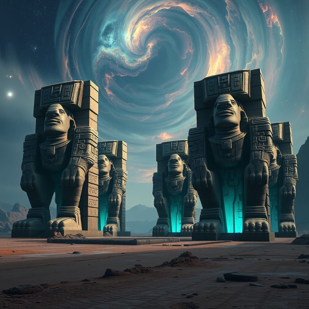 Colossal Stone Statues Walk Alien Landscape