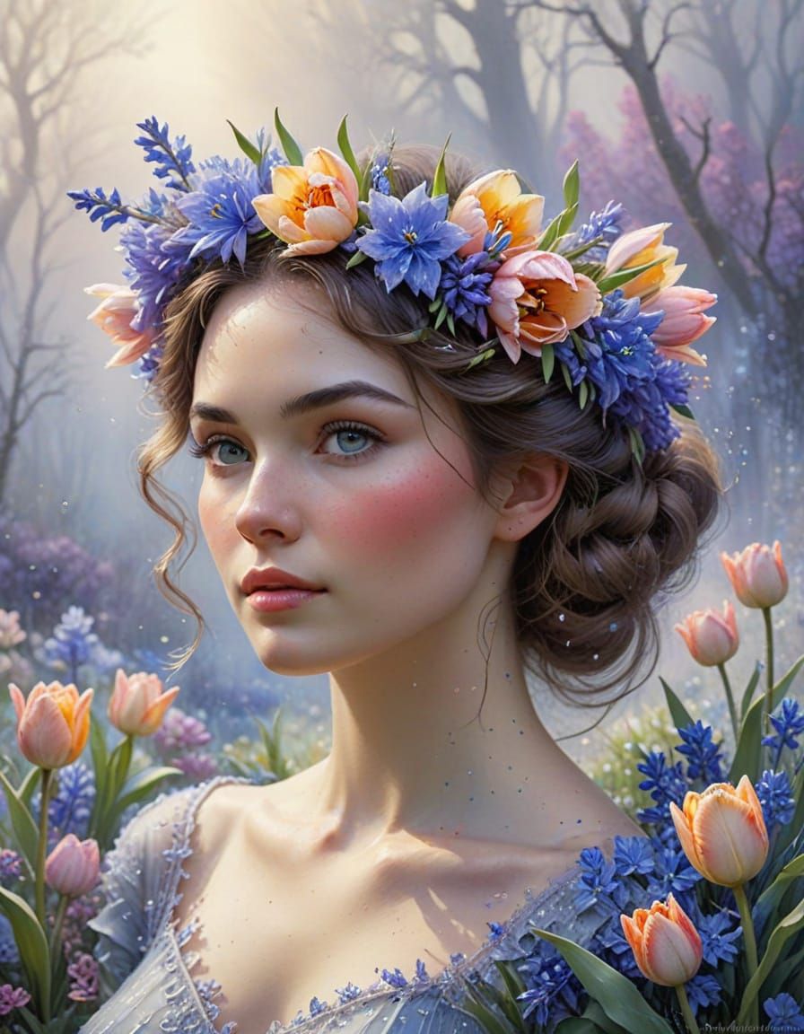 Ethereal Tulip and Hyacinth Floral Crown in Watercolour