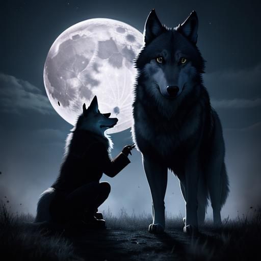 Mystical Wolf and Girl Under Moonlight