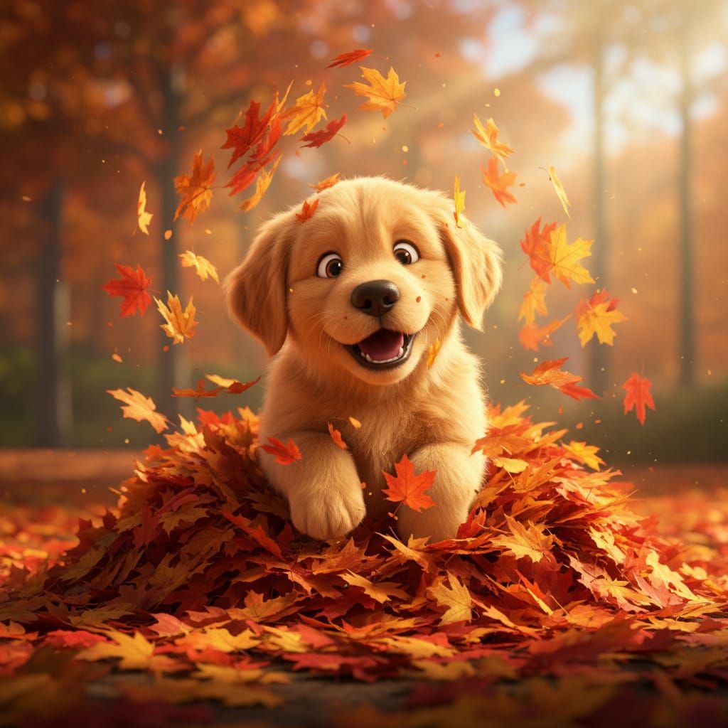 Adorable Fluffy Golden Retriever Puppy in Autumn Leaves