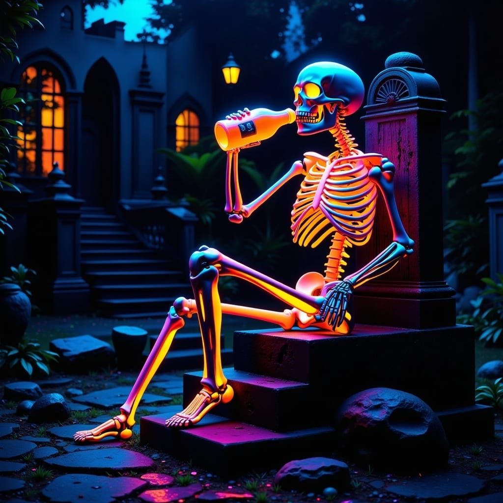 Surreal Skeleton Drinks Glowing Orange Potion in Graveyard a...