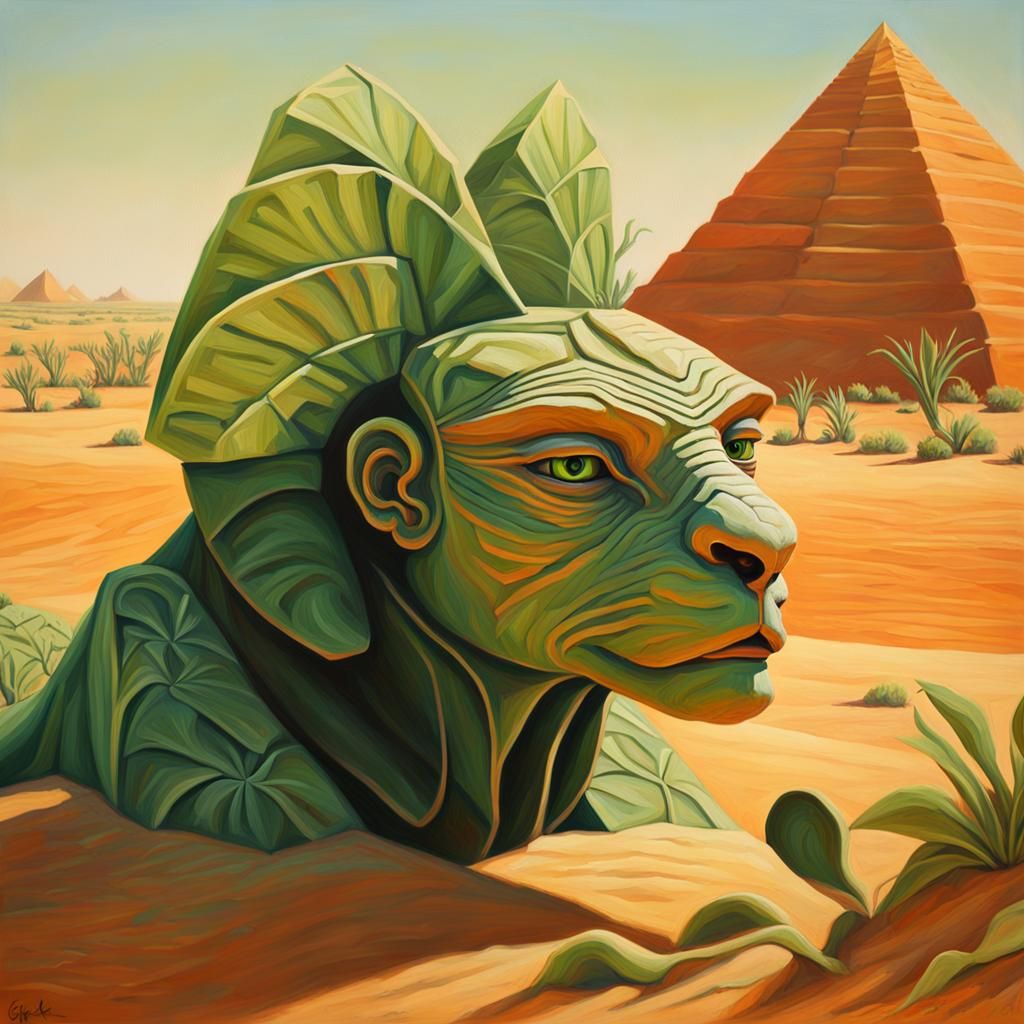 Green Sphinx in Orange Desert, Oil on Canvas