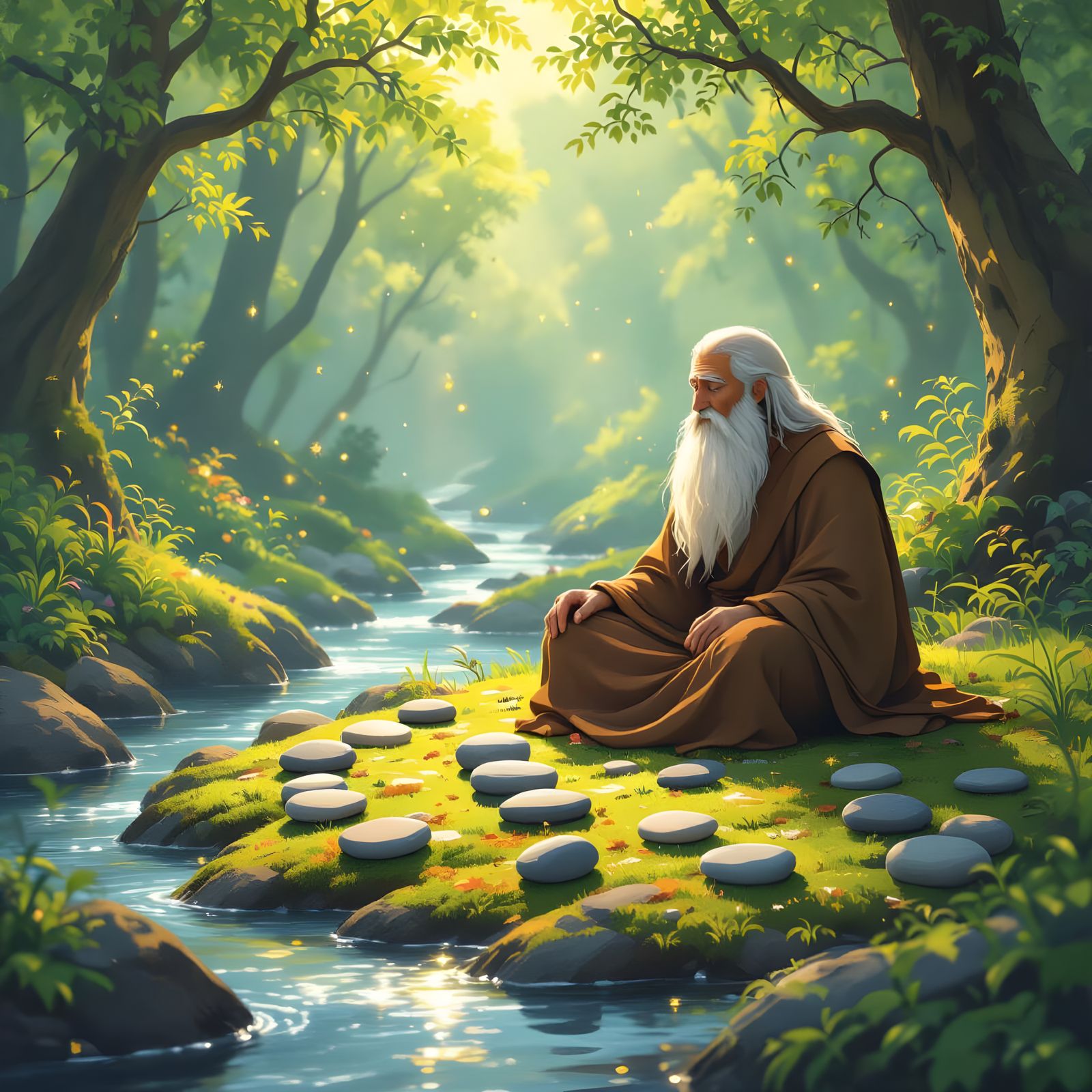 Hermit Meditating by Stream in Sun-Dappled Forest Clearing