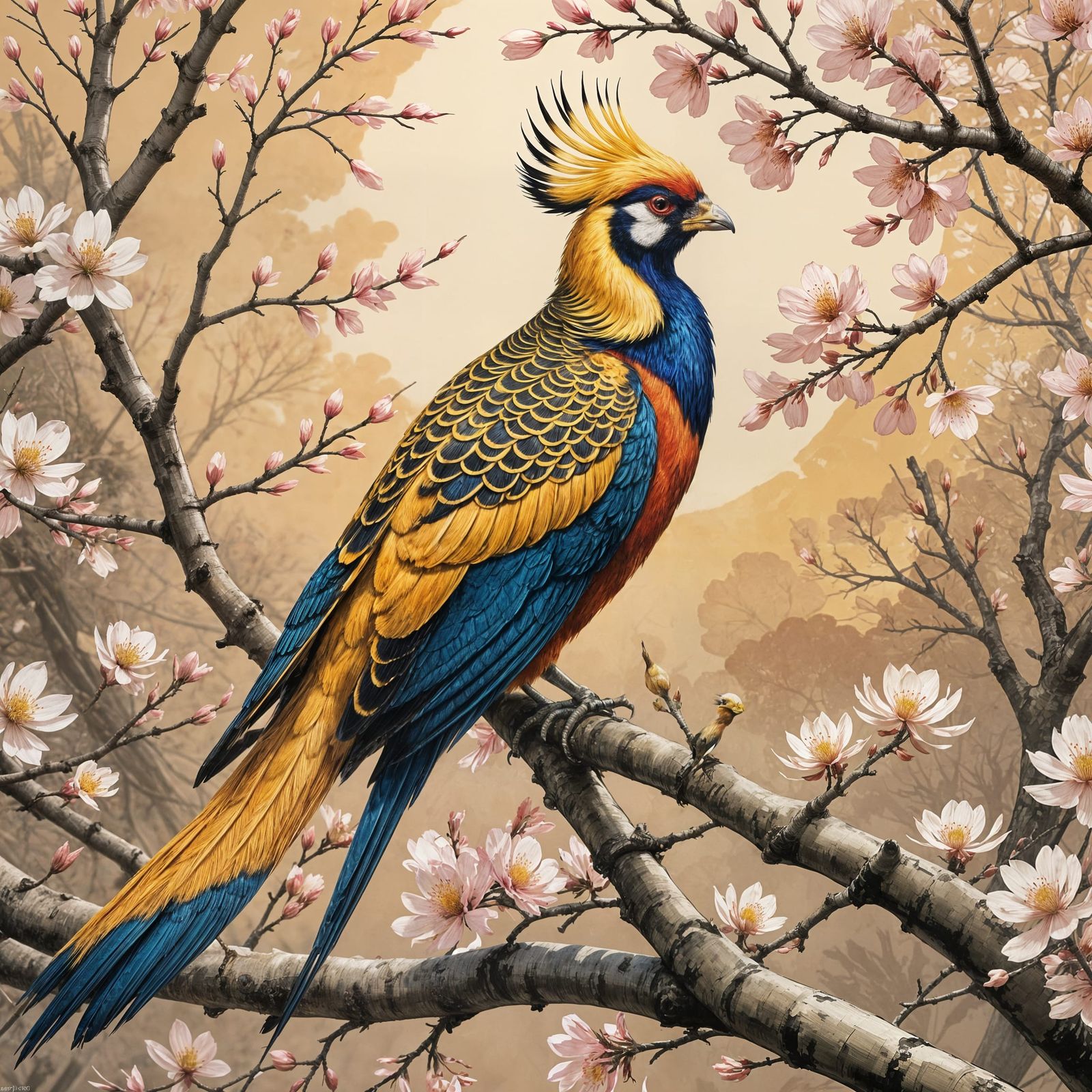 Golden Pheasant in Cherry Blossoms, Ink Wash Style