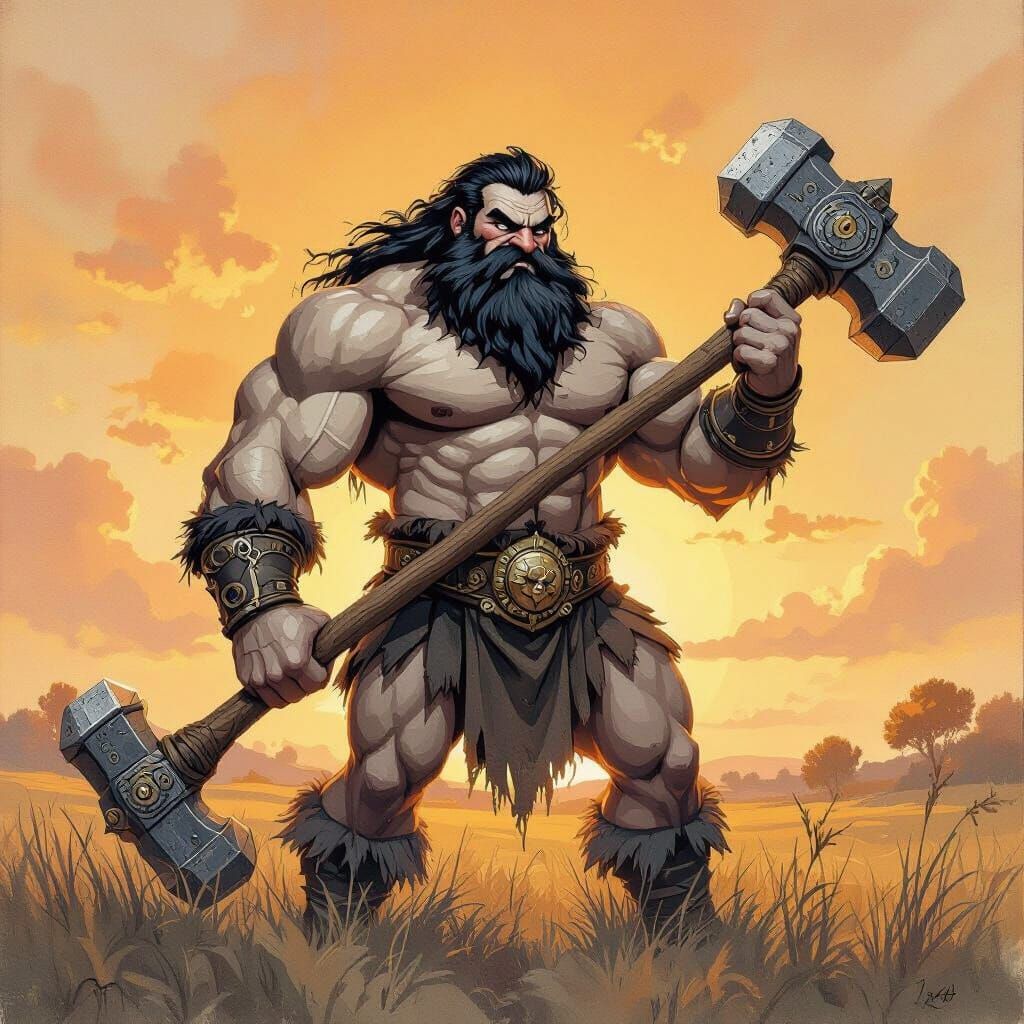 Joyful Himbo Wrestler With Sledgehammer at Sunrise