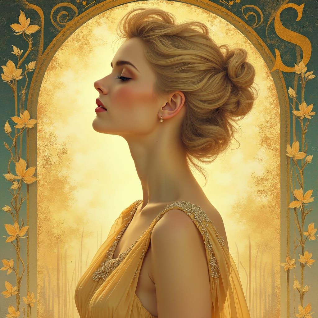 Elegant Blonde Woman in Rainbow Dress, Art Nouveau Style