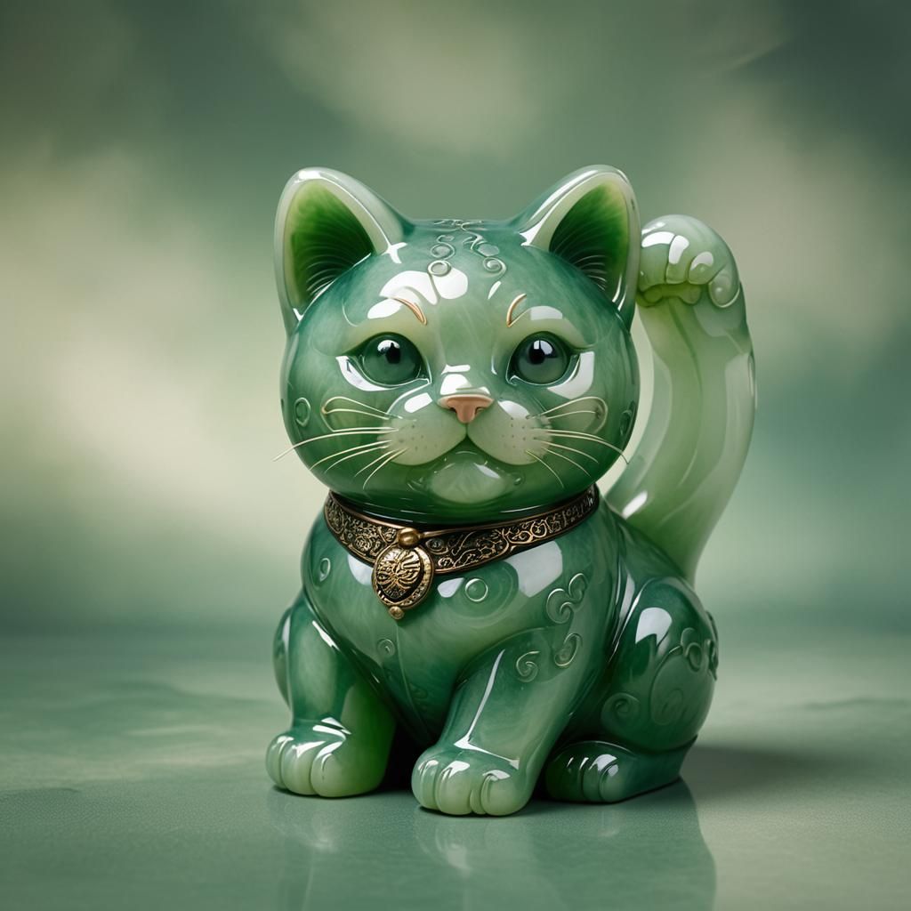 Detailed Jade Lucky Cat Sculpture in Splash Art Style