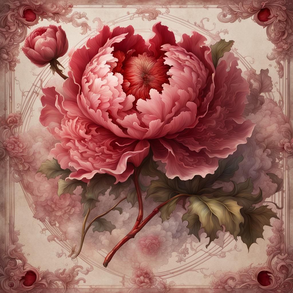 Vintage Watercolor Peonies with Rococo Frame
