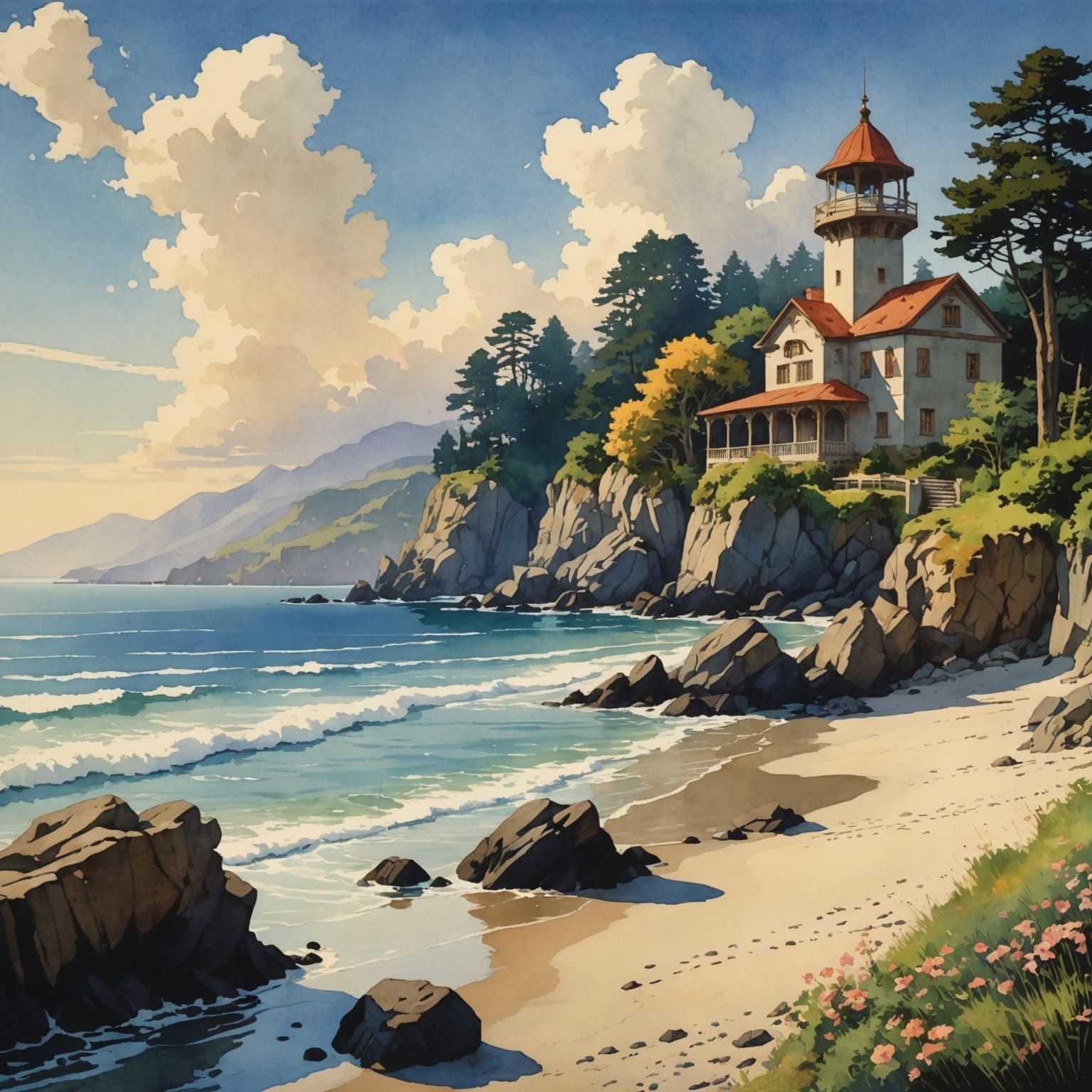 Seashore Landscape in Anime Watercolor Style