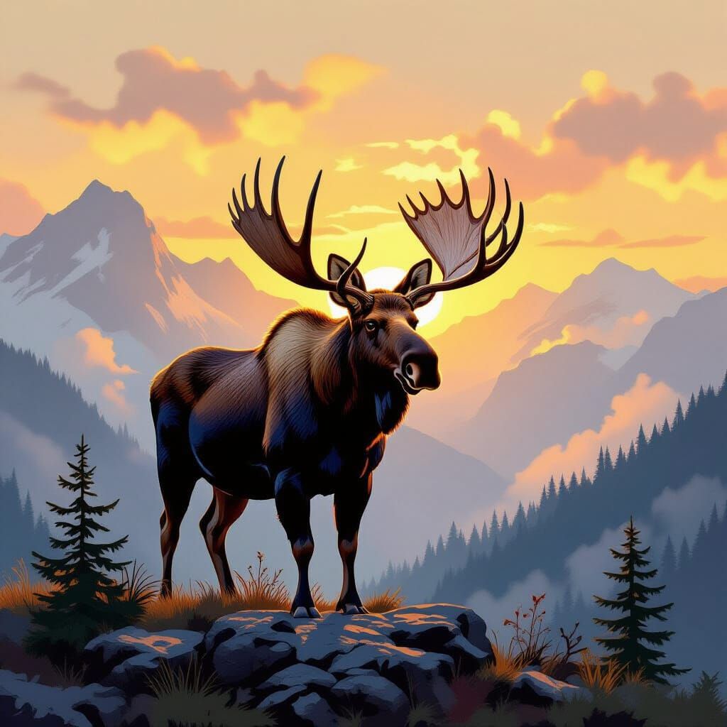 Majestic Moose on Misty Mountain Peak at Dawn