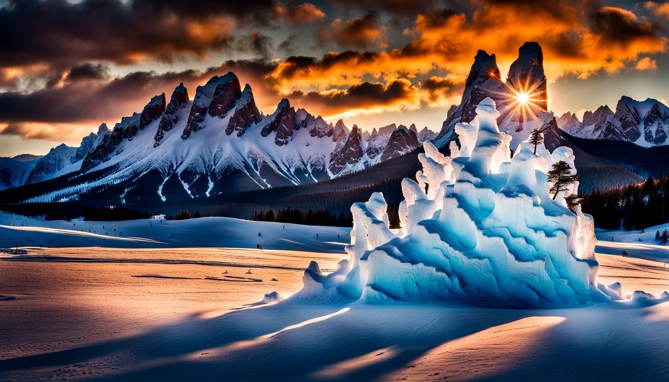 Sunlit Ice Sculpture on Snowy Mountain at Sunset