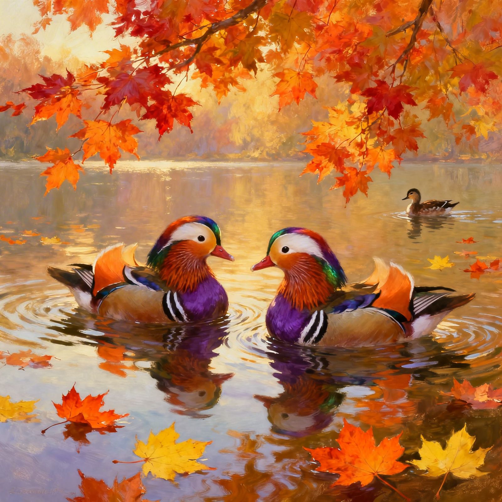 Vibrant Autumn Ducks on Reflective Lake in Golden Hour