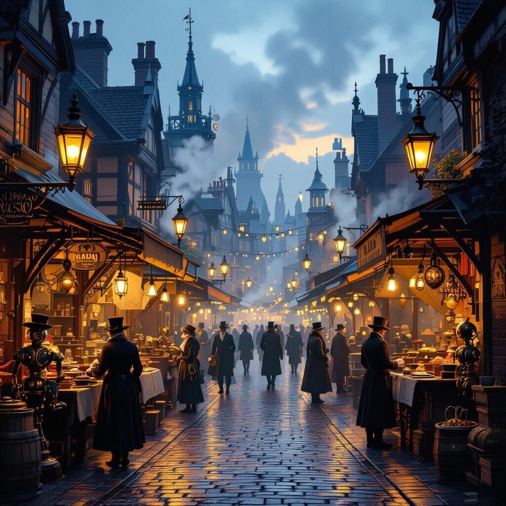 Victorian Street Market at Dusk with Automatons