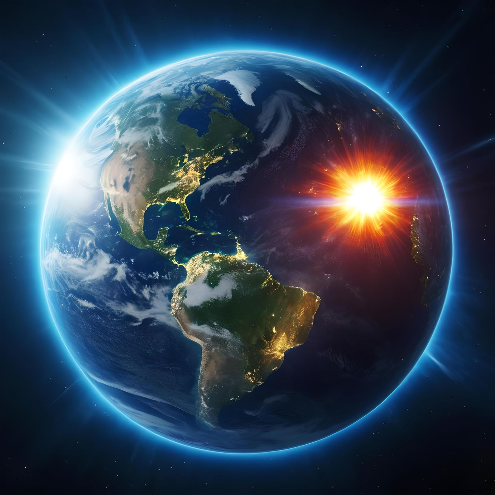 Earth and Solar Flare Hyperrealistic Vision