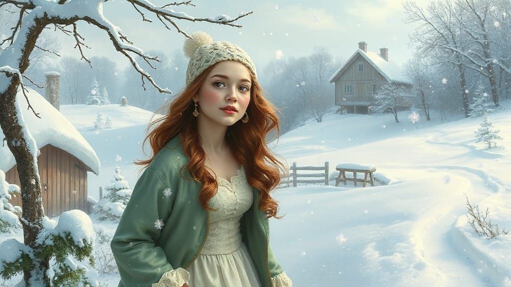 Whimsical Cottagecore Maiden in Snowy Landscape