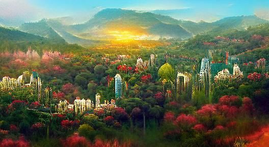Lush Valley Sunrise with Distant City in Spring