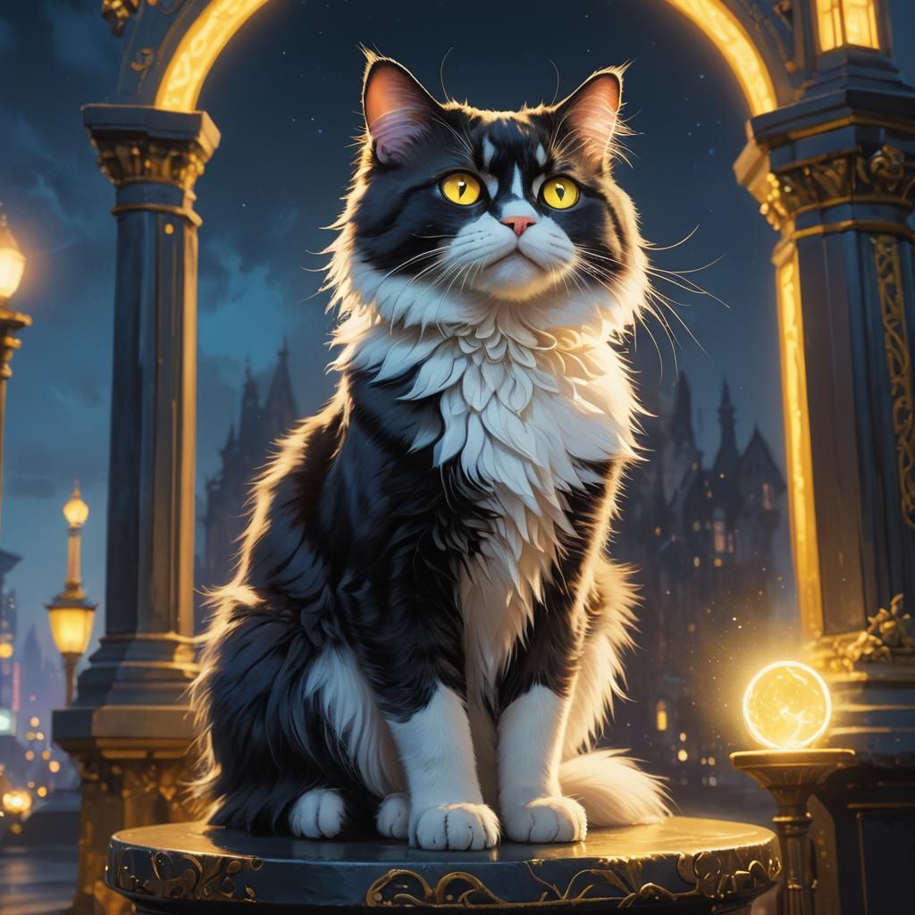 Ethereal Tuxedo Cat Illuminated by Golden Glow