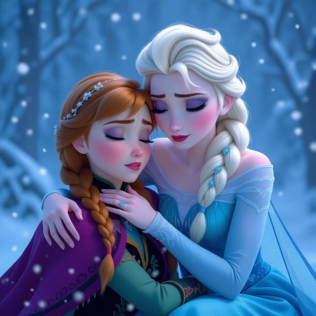 Elsa Tries to Wake Unconscious Anna in Snowy Scene