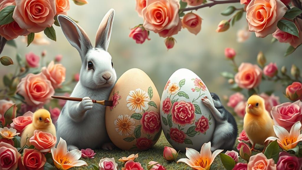 Rabbits and Chicks Painting Easter Eggs: Whimsical Scene