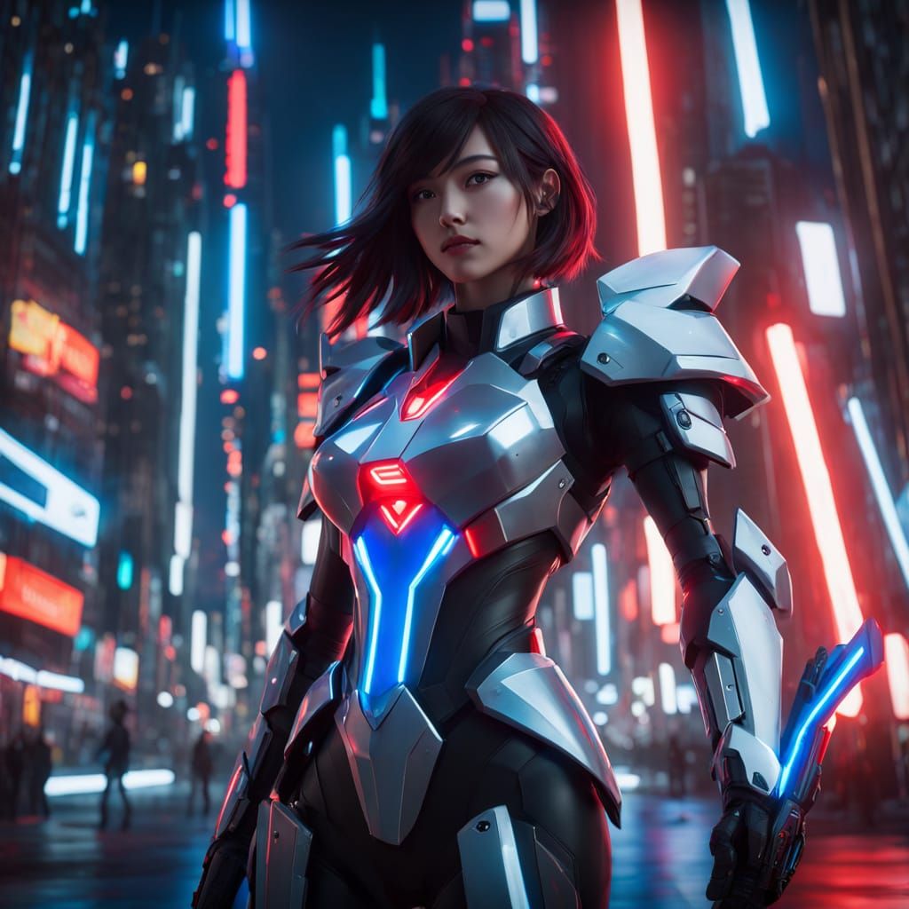 Ethereal Girl in Futuristic Armor, Neon Cityscape