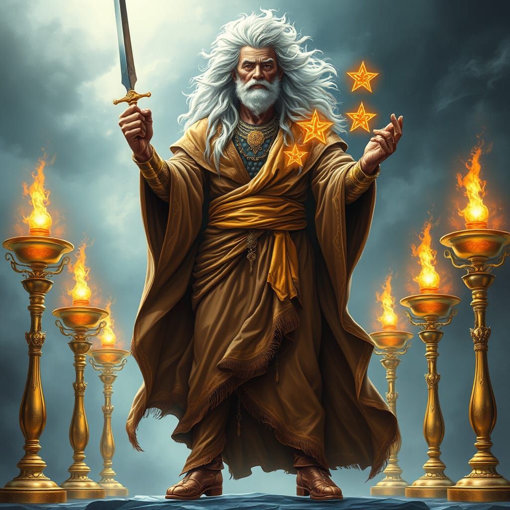 Majestic Figure in Golden Robes with Seven Lampstands and St...