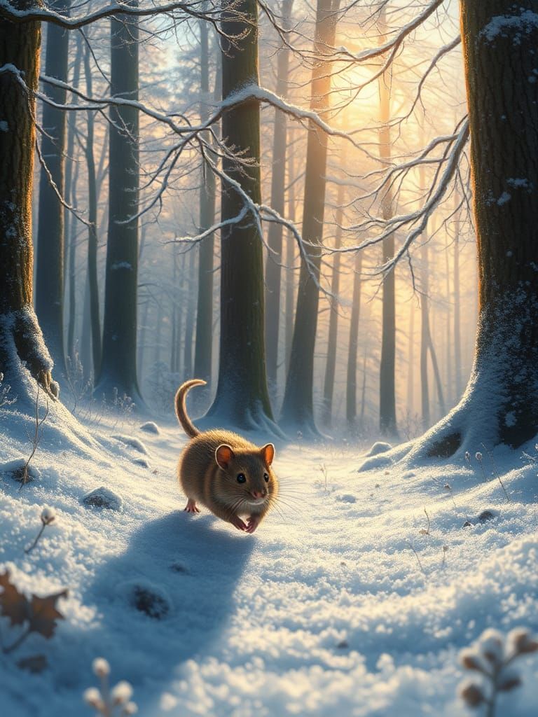 Mouse in Snowy Forest, Hyperrealistic Digital Painting
