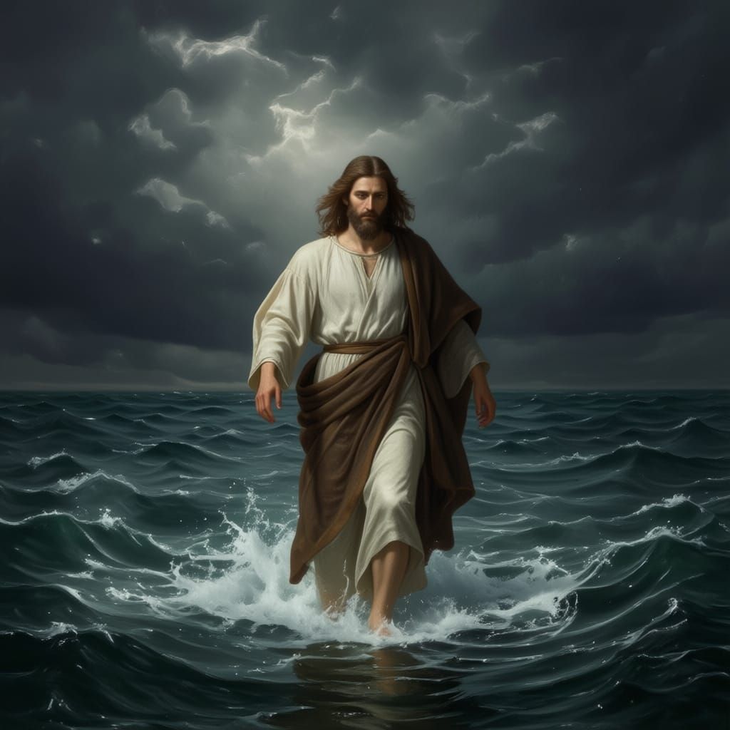 Jesus Walks on Water Amidst Stormy Seas