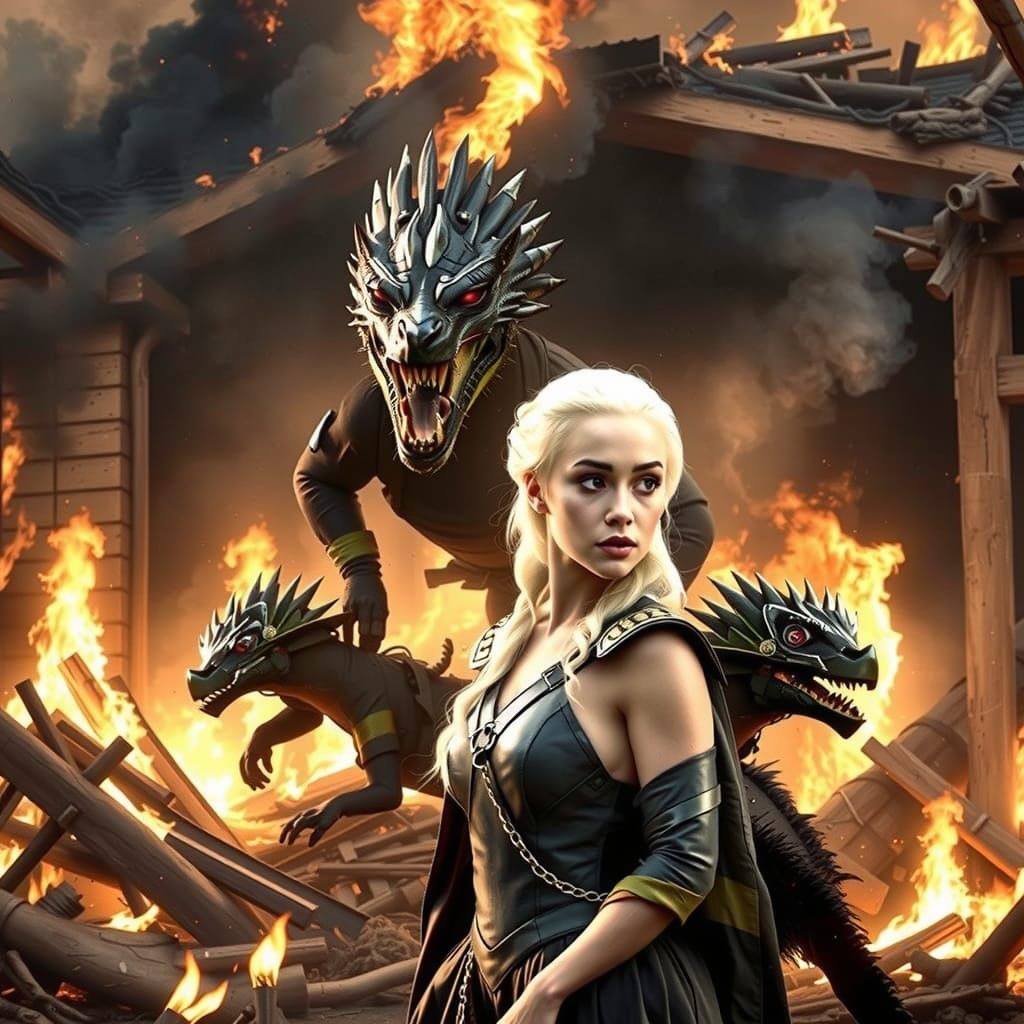 Sleek Firefighter Daenerys Confronts Blazing Inferno