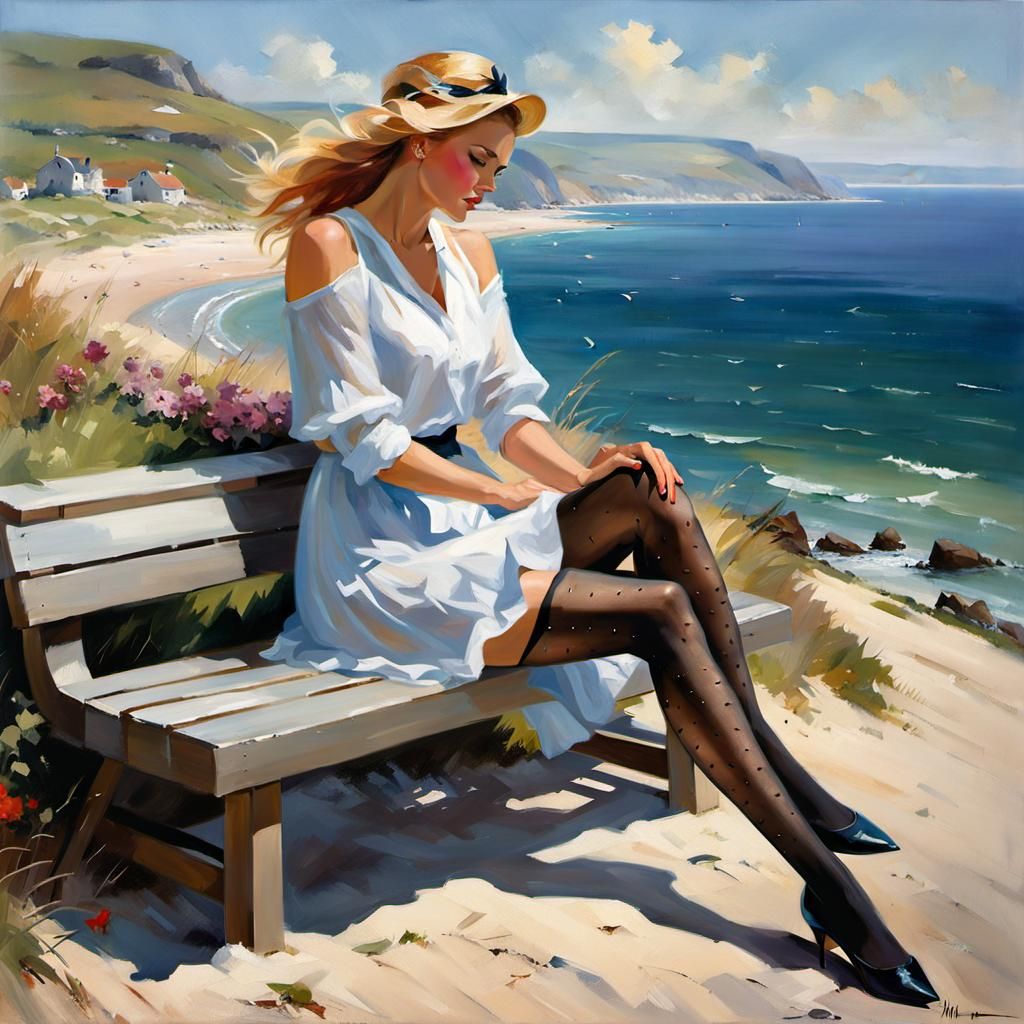 Frisian Woman Relaxing on Coastline as Impressionist Paintin...