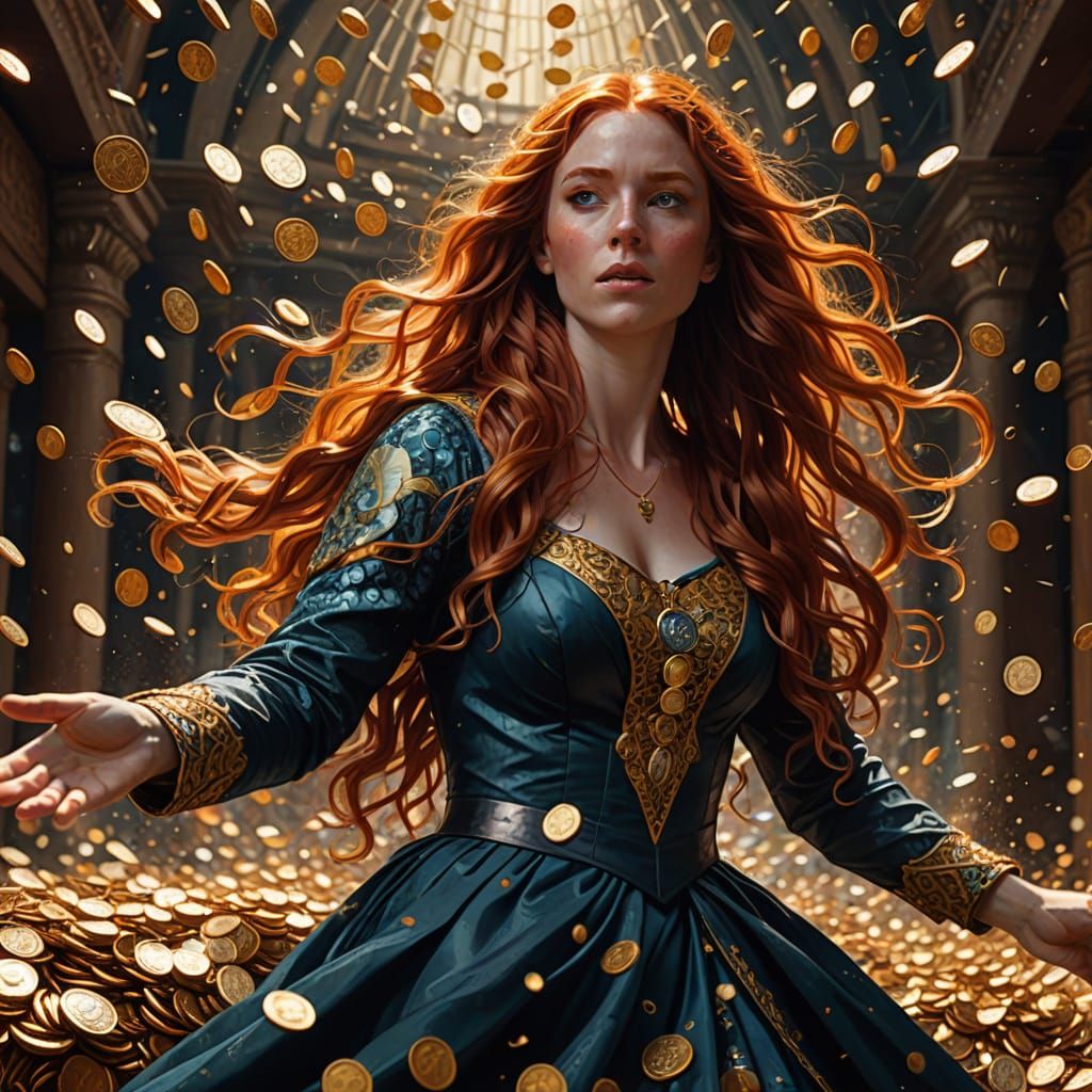 Woman in Coin Dress with Wavy Red Hair