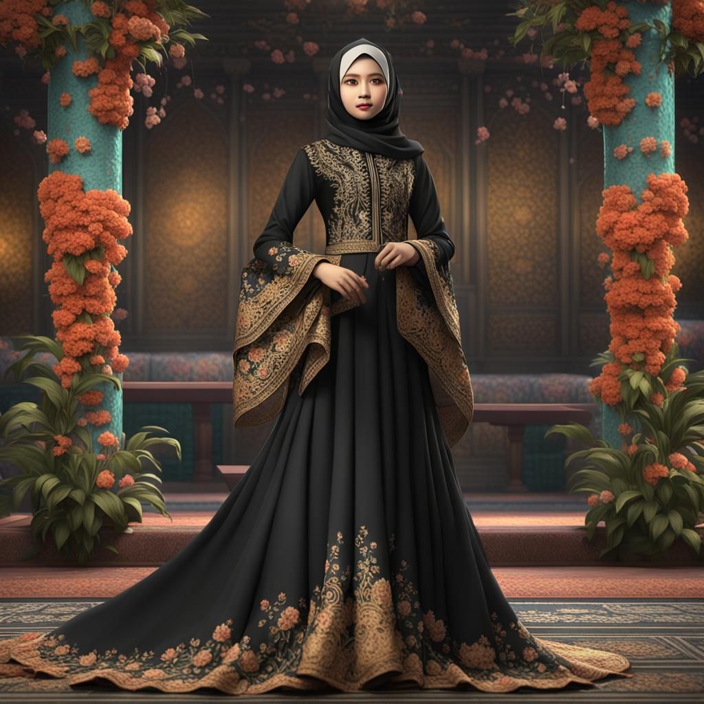 Woman in Kebaya Walking Through Flowers, Digital Art