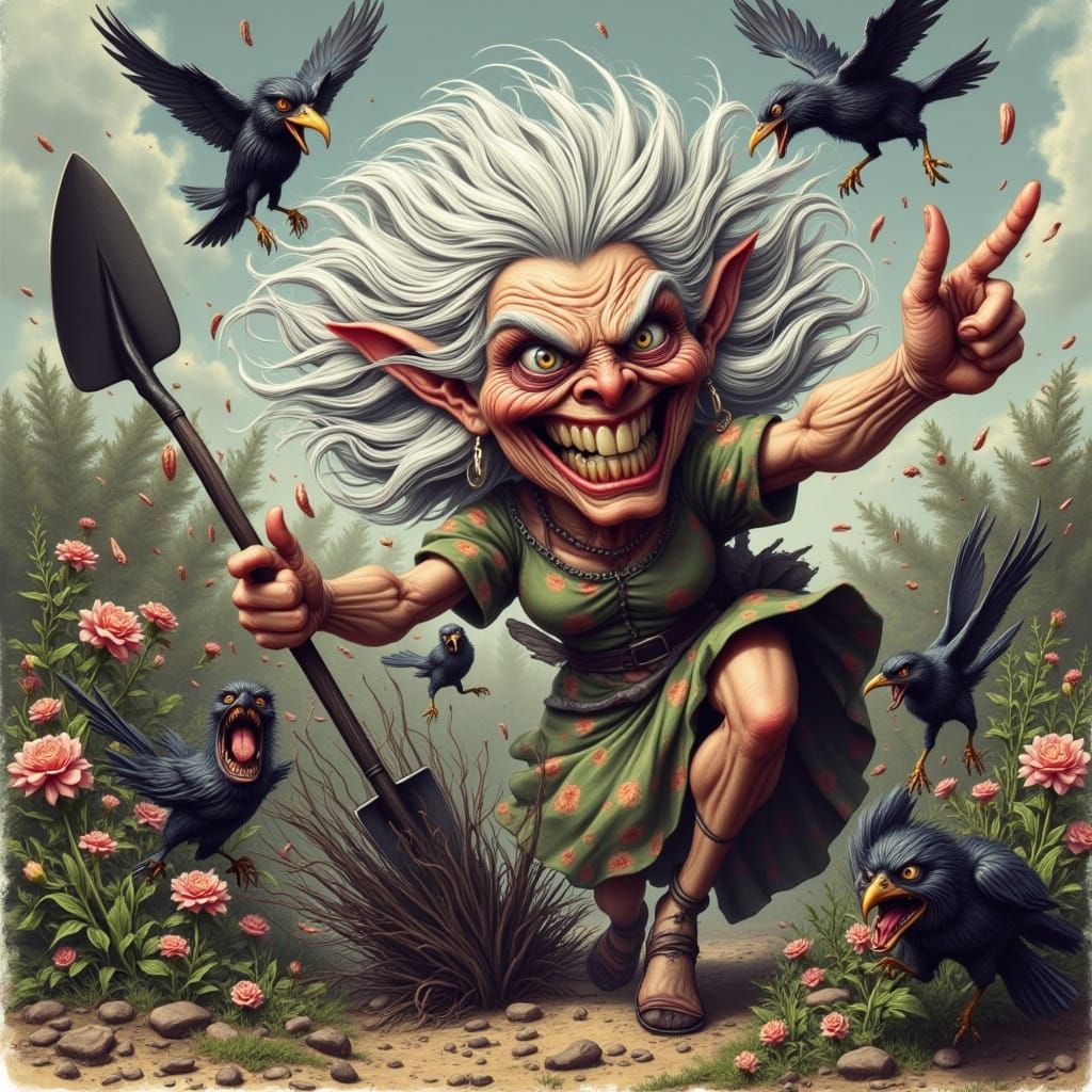 Hyperrealistic Gardening Goddess Expresses Fury at Crows