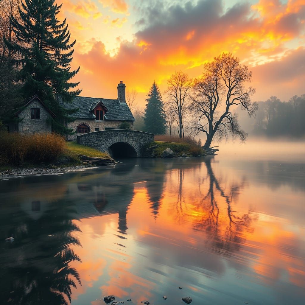 Surreal River Scene with Stone Bridge and Cottage House