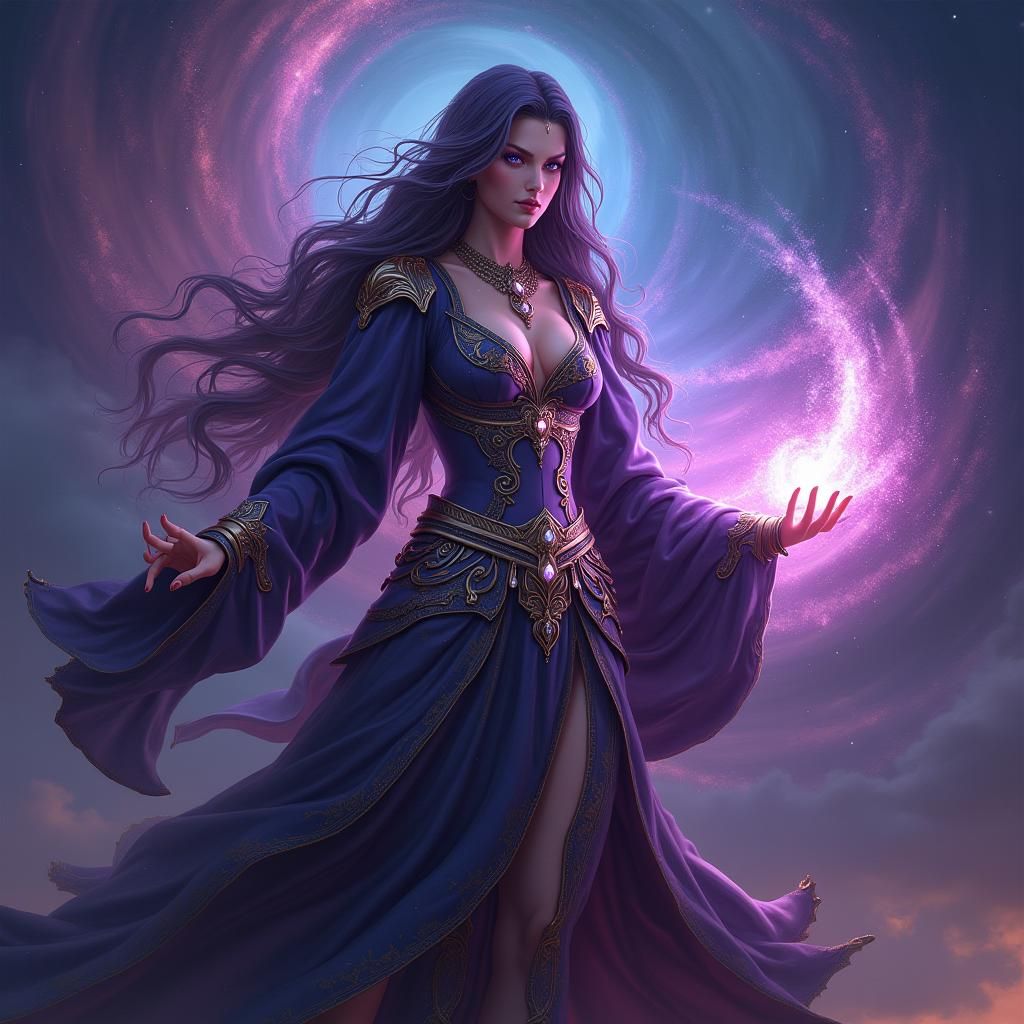 High Elf Sorceress Casting Spell in Fantasy Art Style