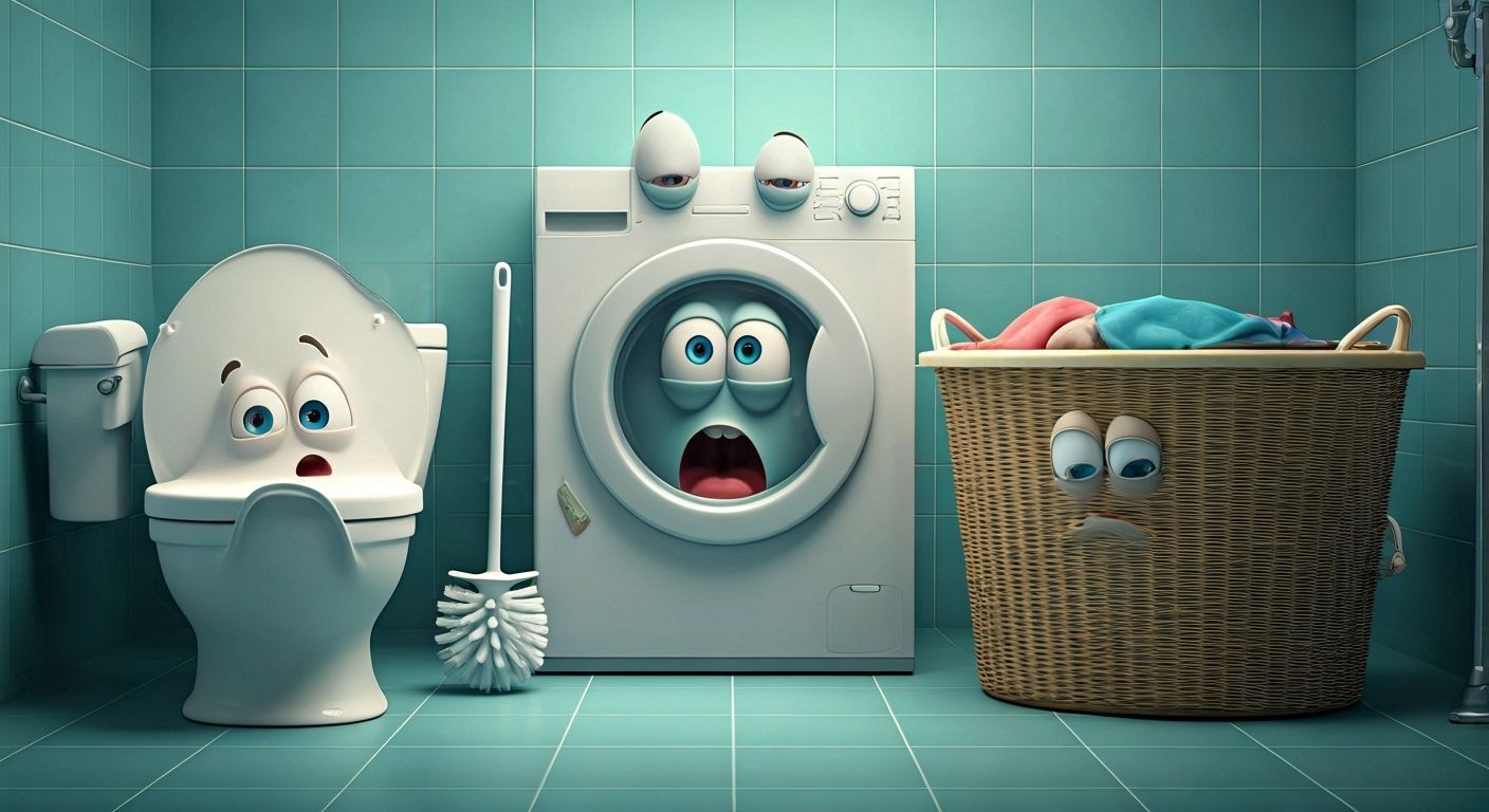 Whimsical Bathroom Objects With Faces in Pixar Style