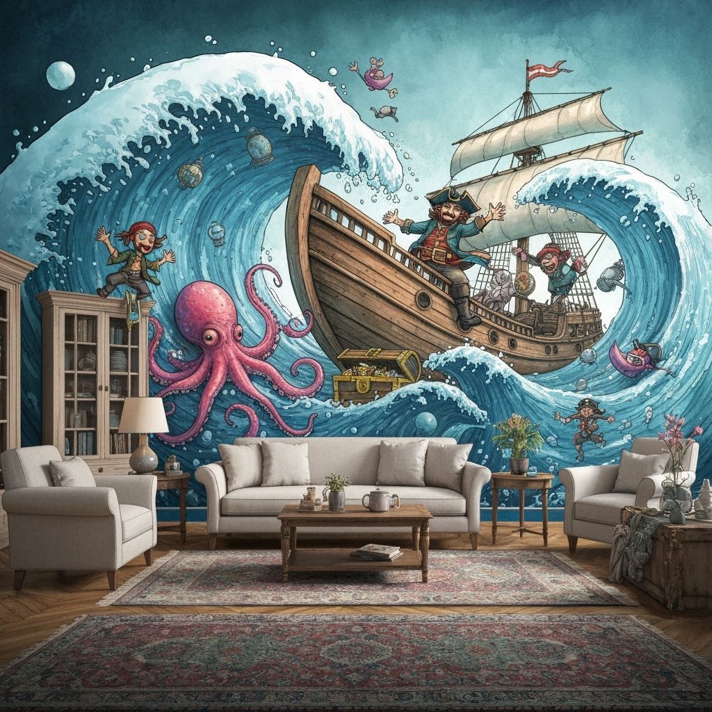 Whimsical Pirates and Octopus Flood Living Room in Watercolo...