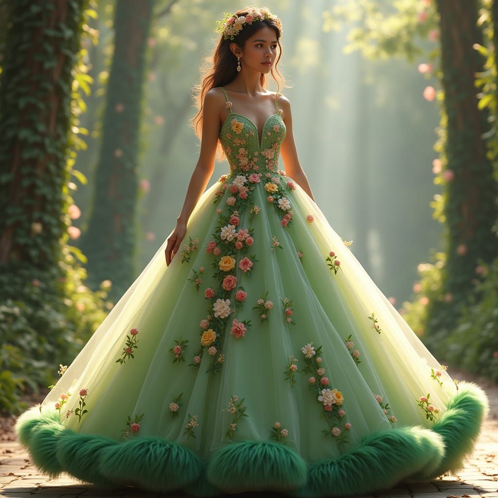Ethereal Floral Ball Gown in Vibrant Hues and Whimsical Trim...