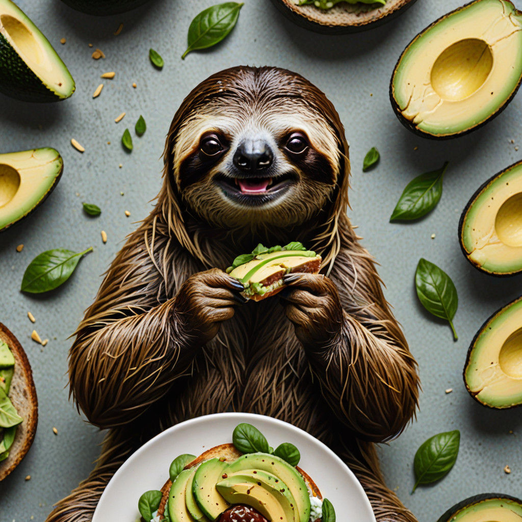 Sloth Enjoying Avocado Toast in a City Cafe