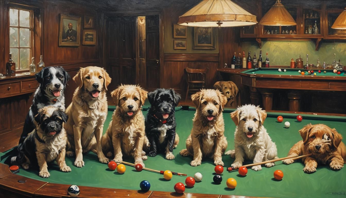 Dogs Playing Pool in Oil Painting Style