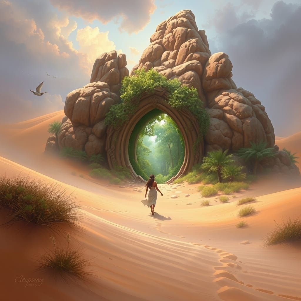 Cleopatra in Desert Dunes with Rainforest Portal