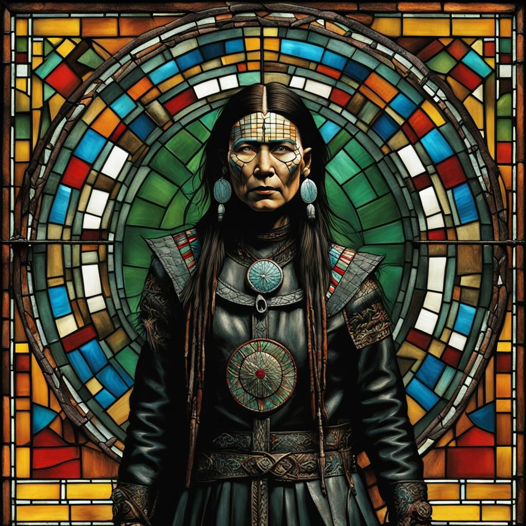 Native American Pinhead in Stained Glass Window