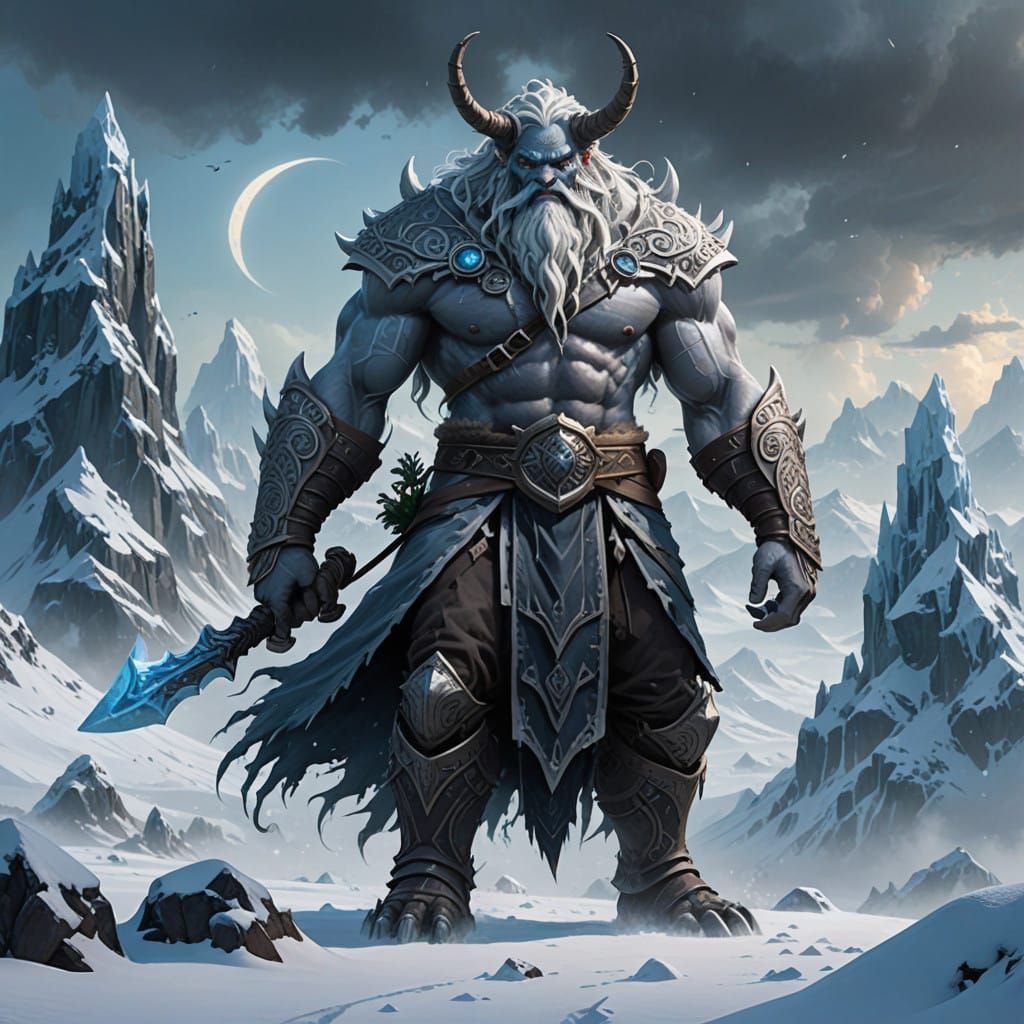 Majestic Frost Giant in Eerie Winter Landscape
