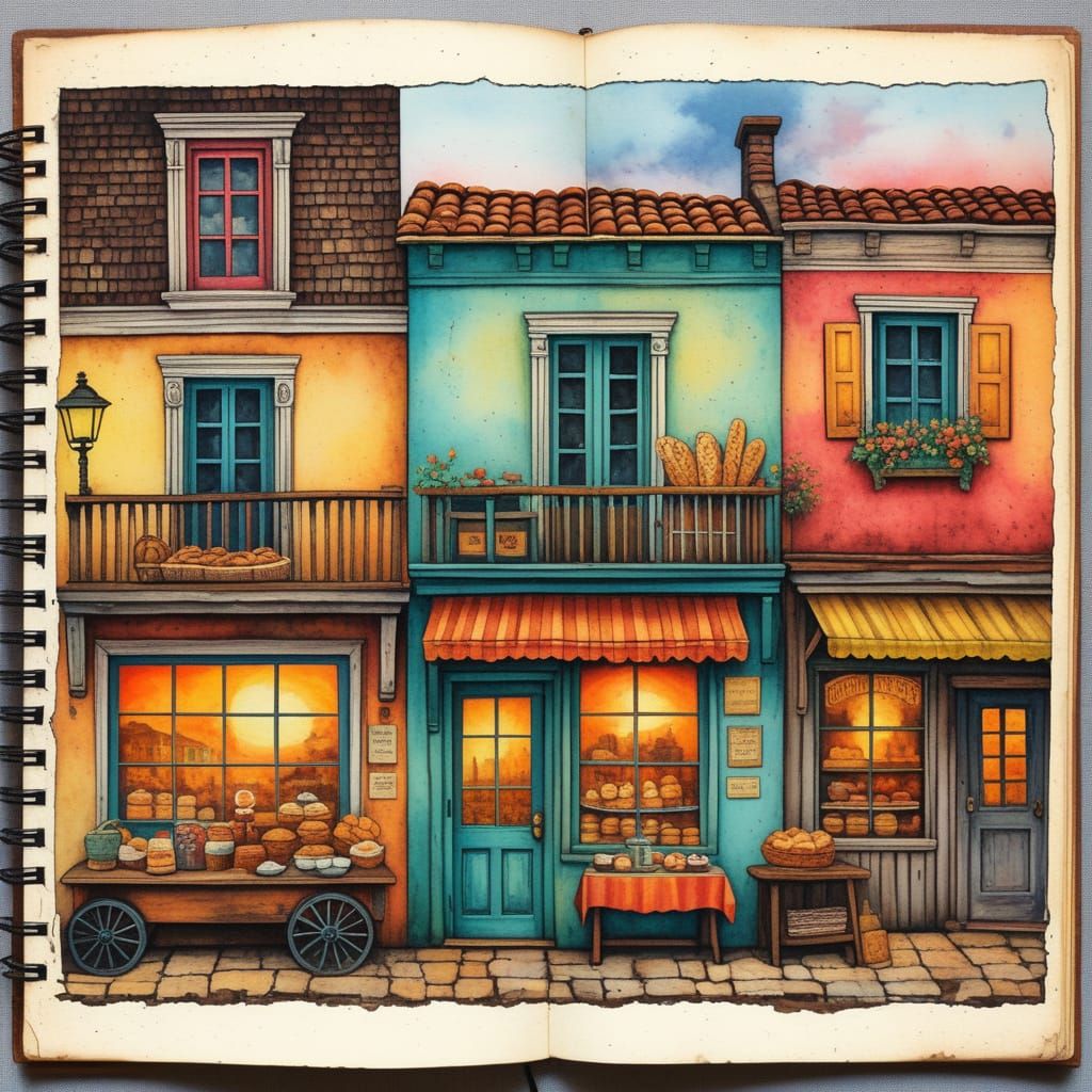 Rustic Village Bakery in Gritty Watercolor Style