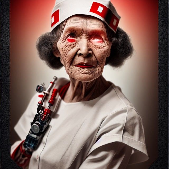 Centenarian Cyborg Nurse in Photorealistic Comic Style