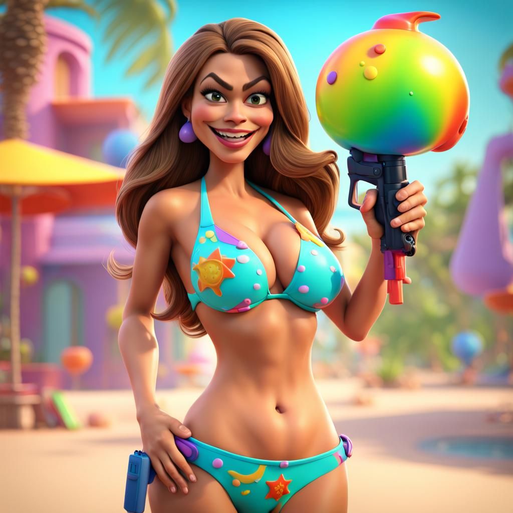 Sophia Vergara with Squirt Gun: 3D Digital Art