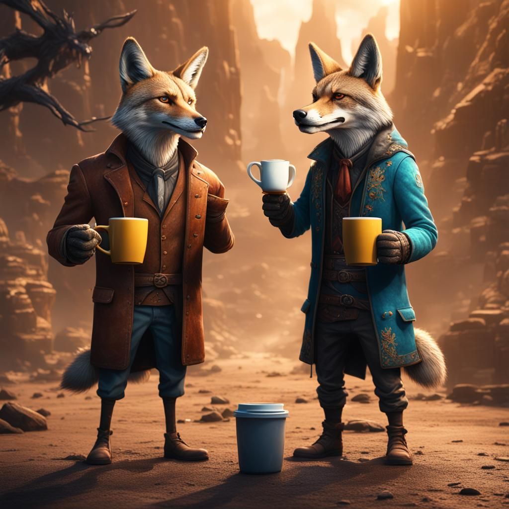 Coyote and Man Face-Off with Coffee: Detailed Digital Art