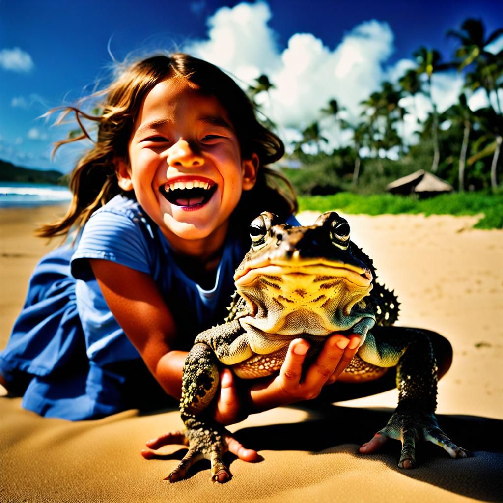 Laughing Girl Holding Toad on Tropical Beach