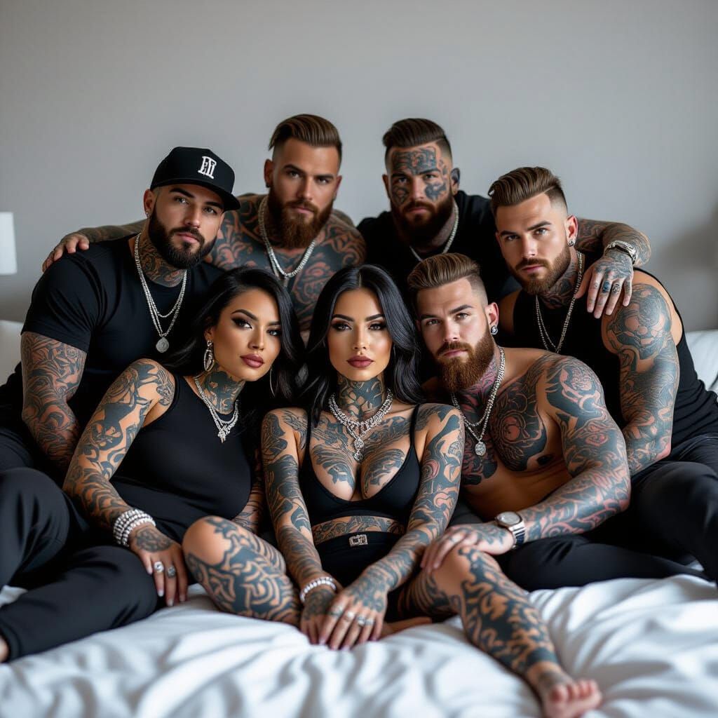 Tattooed Individuals in Modern Streetwear on Urban Bed
