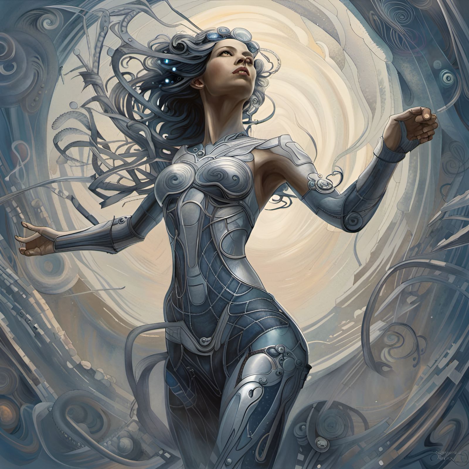 Woman Gazing Skyward in Cybernetic Sci-Fi Style
