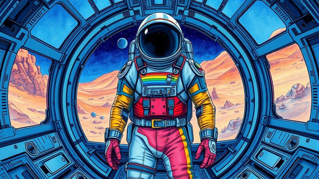 Rainbow Astronaut on Mars in Ink Waterpainting Style